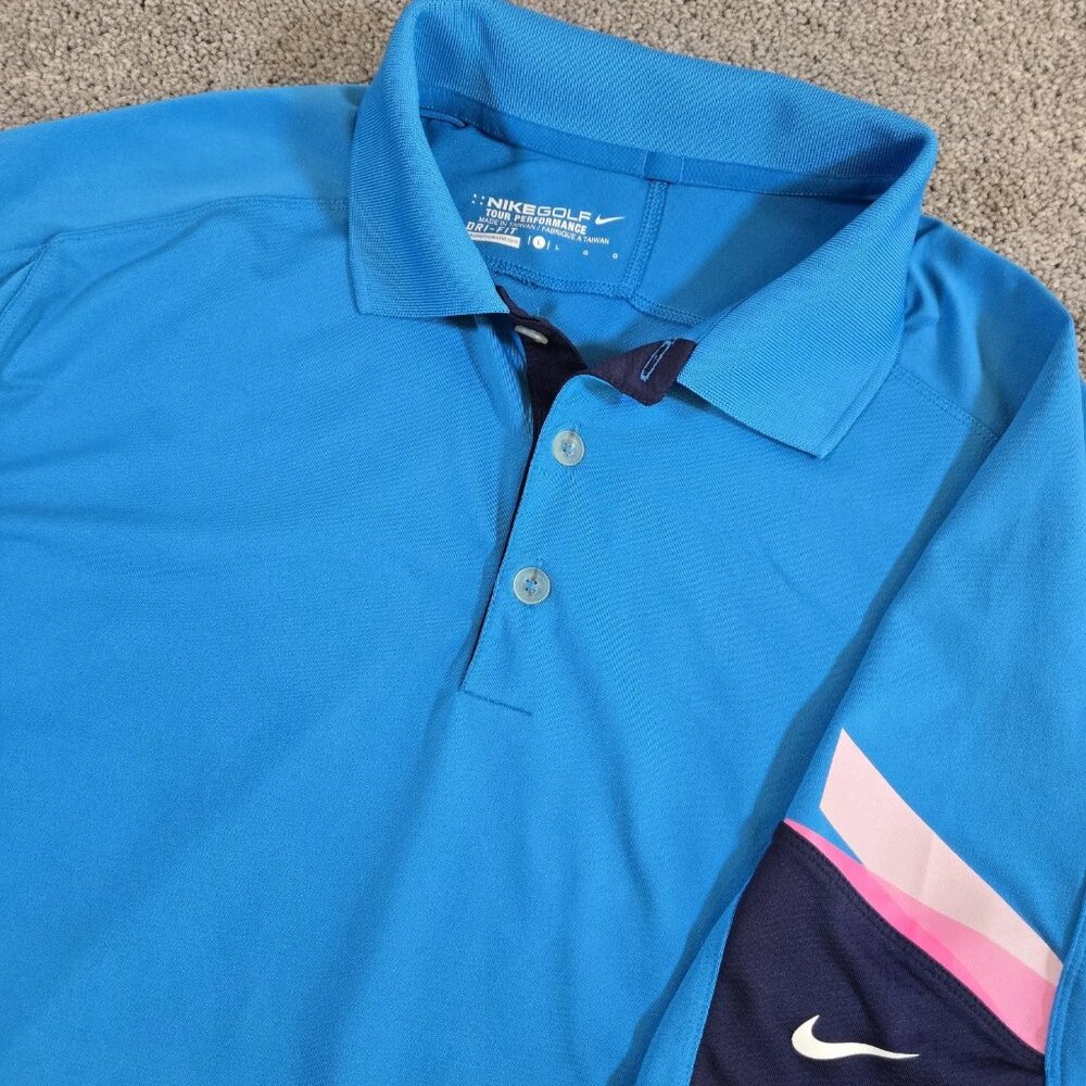Nike Golf Tour‎ Performance Mens Large Blue Stripe Short Sleeve Polo Dri-Fit